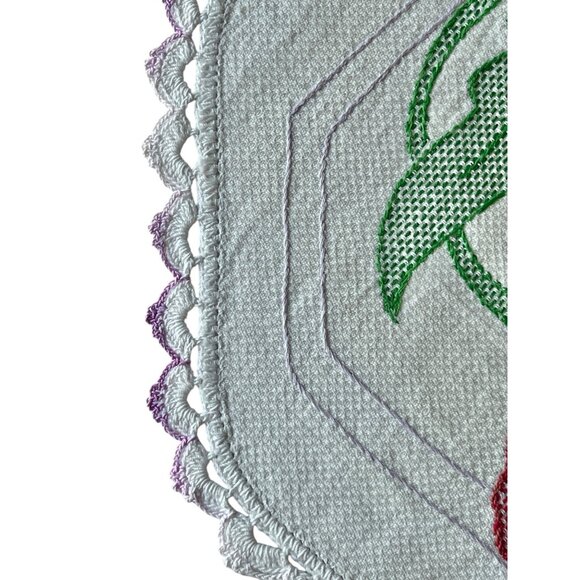 Vintage Embroidered Table Centerpiece With Floral Design & Crocheted Trim 37.5" - Picture 3 of 8